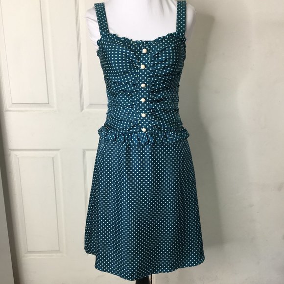 Betsey Johnson Dresses & Skirts - Betsey Johnson 100% Silk Teal Polka dot Pinup Style Ruched Dress Size 2
